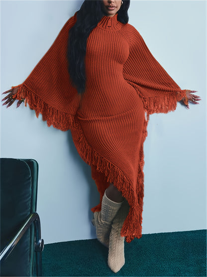Gifts for Her, Fringe Trim Sweater Dress for Women, Batwing Long Sleeve High Neck Maxi Dress with Asymmetrical Hem, Sexy And Chic Style, for Fall Winter