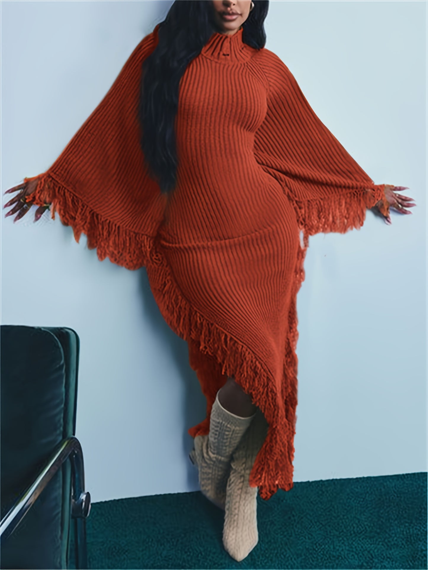 Gifts for Her, Fringe Trim Sweater Dress for Women, Batwing Long Sleeve High Neck Maxi Dress with Asymmetrical Hem, Sexy And Chic Style, for Fall Winter