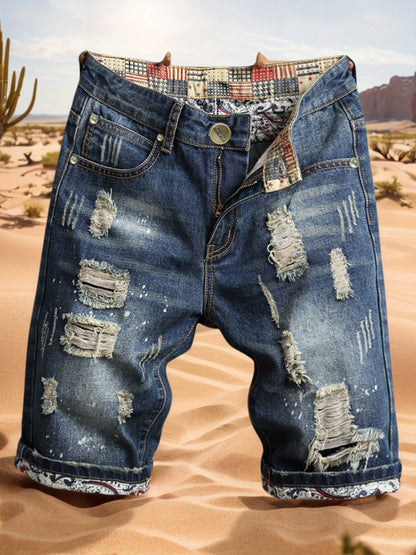 Men'S Ripped Jeans Distressed Ripped Slim Straight-Leg Jeans Stylish Shorts Trendy Loose-Fitting Ripped Straight-Leg Mid-Calf Pants Men Slim-Fit Jeans Durable Fabric