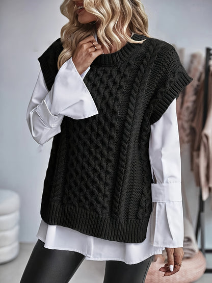 Women's Cable Sweater Vest - Sleeveless Round Neck Slit Hem Blouse, Solid Color Medium-Elastic Knitwear for Spring Summer Fall Layering, Casual & Semi-Formal Wear (Hand Washable)