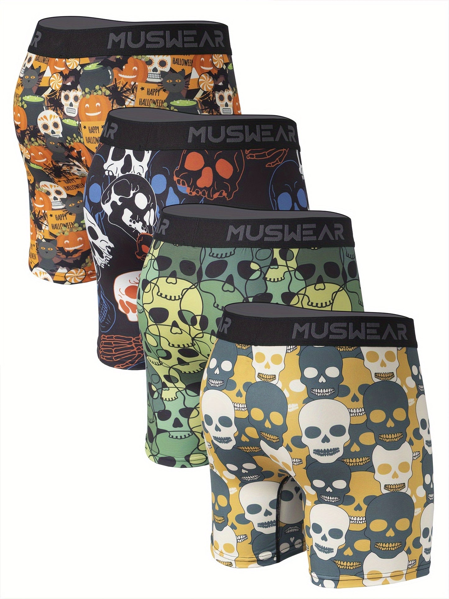 4pcs MUSWEAR Men's Boxer Briefs, Halloween Skull Print, Moisture-Wicking, Quick-Dry, Side-Opening, Long Length, Stretch Polyester with Spandex, Casual Sportswear Underwear