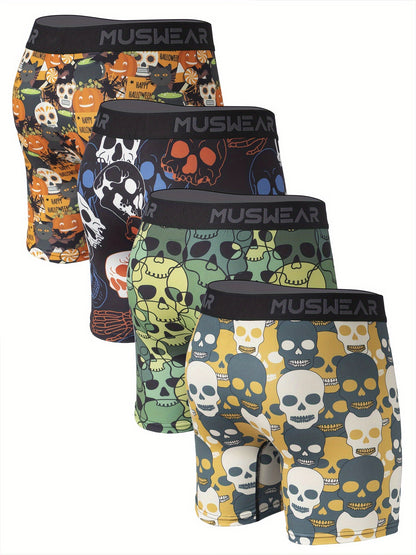 4pcs MUSWEAR Men's Boxer Briefs, Halloween Skull Print, Moisture-Wicking, Quick-Dry, Side-Opening, Long Length, Stretch Polyester with Spandex, Casual Sportswear Underwear