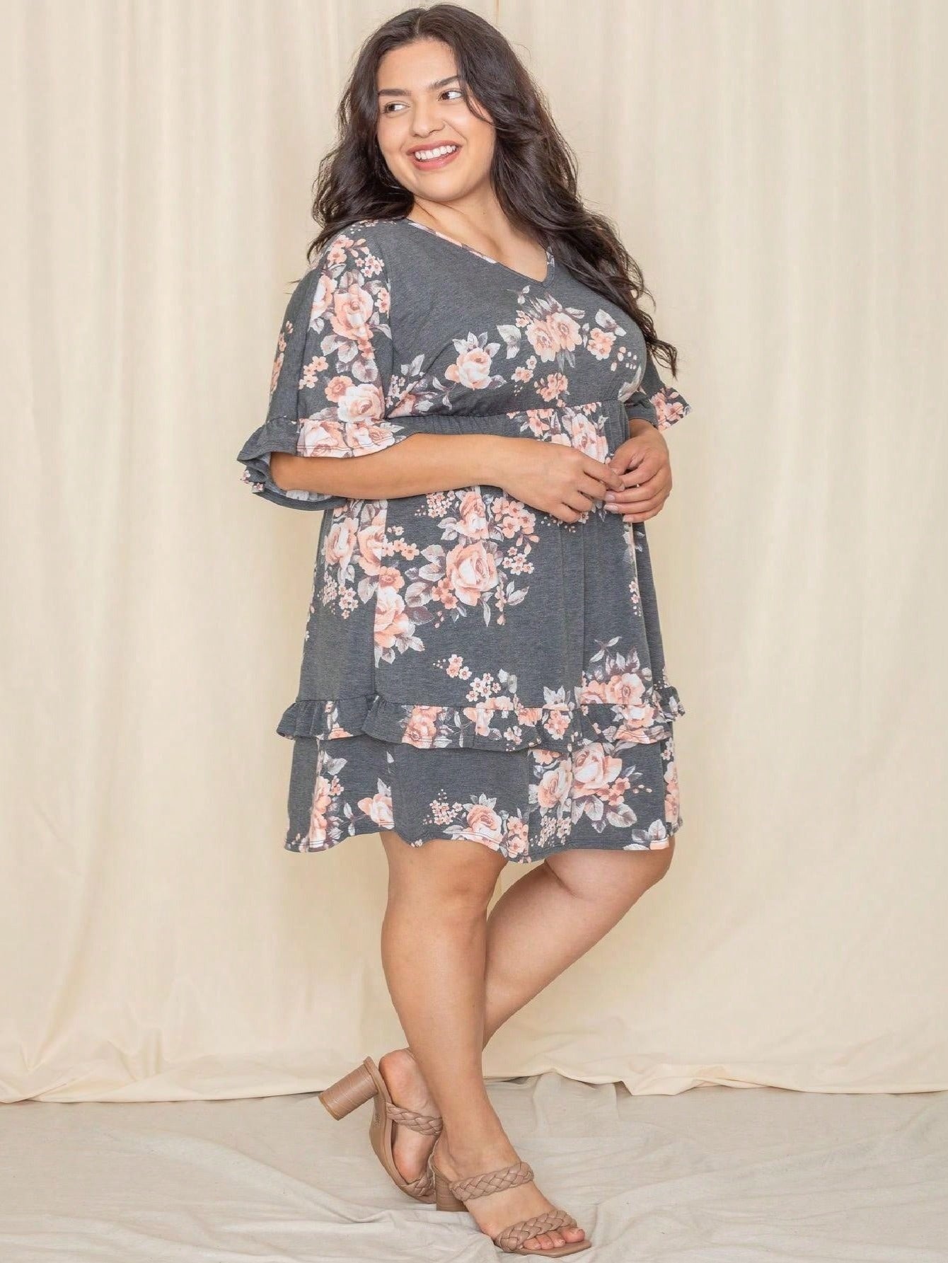 Vintage Boho Navy Pink Yellow White Charcoal Floral Ruffle flutter Trim Midi Dress S-3X