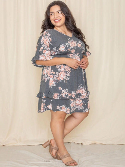 Vintage Boho Navy Pink Yellow White Charcoal Floral Ruffle flutter Trim Midi Dress S-3X