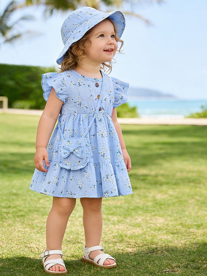 3pcs Casual Baby Girl Blue Dress Set, Small Floral Print and Ruffled Hem Design, with Cute Bag Bow Decoration and Sun Hat, Spring/Summer Princess Drdoor Wedding Occasion, Sister and Little Sister Dresses, Gift