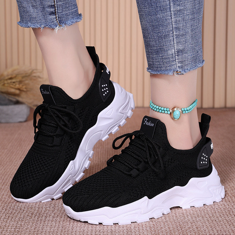 [Sneakers] Athletic And Casual Footwear for Women, Featuring Breathable Knitted Mesh, Chunky Soles, Lightweight Lace-Up Design for Running, And Suitable for Everyday Sports Activities