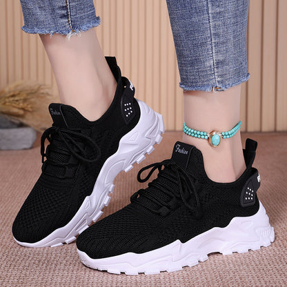 [Sneakers] Athletic And Casual Footwear for Women, Featuring Breathable Knitted Mesh, Chunky Soles, Lightweight Lace-Up Design for Running, And Suitable for Everyday Sports Activities