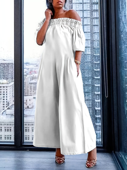 Women'S Spring/Summer 2025 New Loose Short Sleeves Pleated Solid Color Split-Joint Stretch; Elastic Off-The-Shoulder Jumpsuits