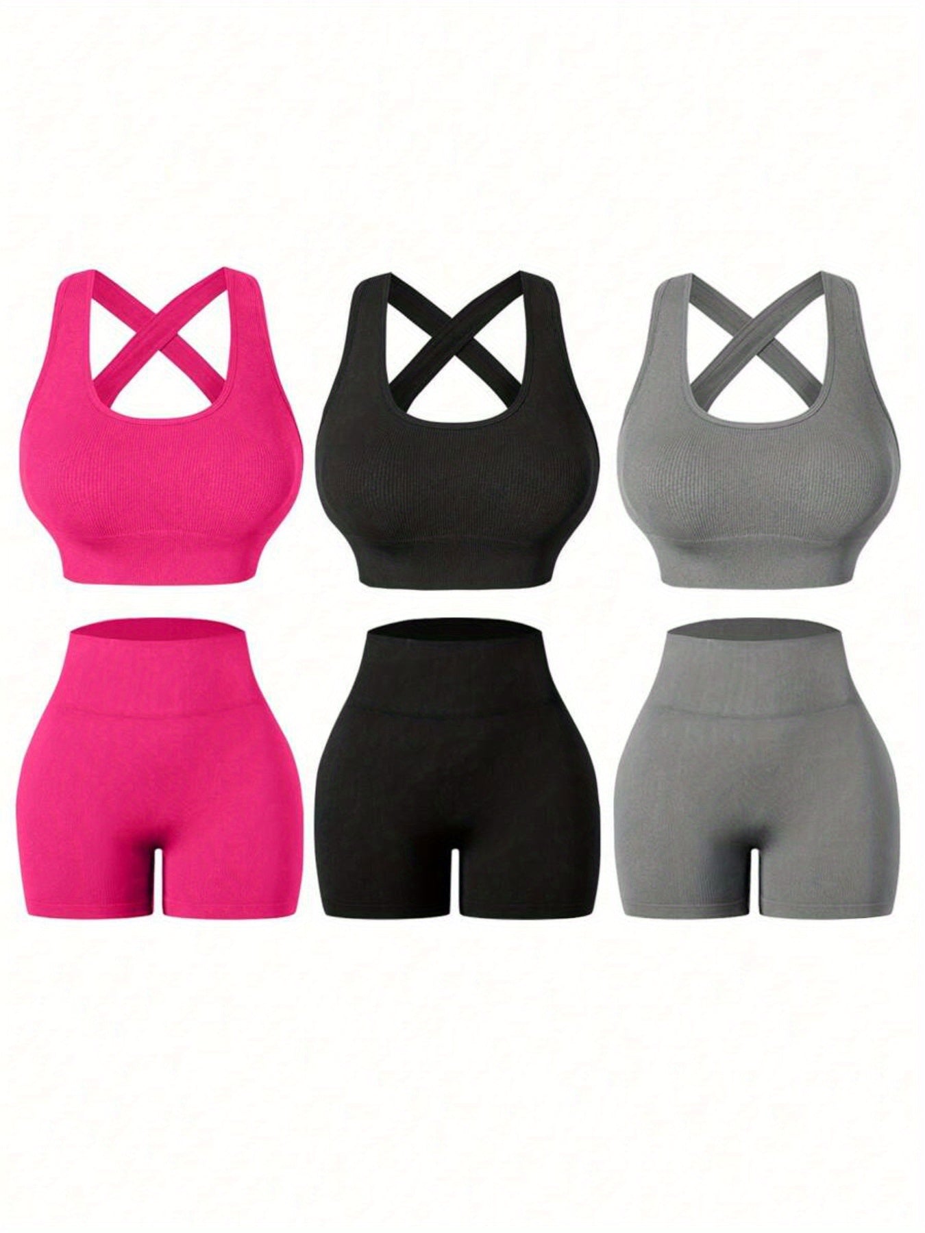 Three Sets of Seamless Women'S Sportswear Suits, Featuring High Elasticity, See-Through Back Bras And Tight-Fitting Short Pants for Enhancing Buttocks