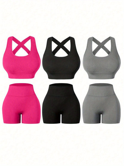 Three Sets of Seamless Women'S Sportswear Suits, Featuring High Elasticity, See-Through Back Bras And Tight-Fitting Short Pants for Enhancing Buttocks