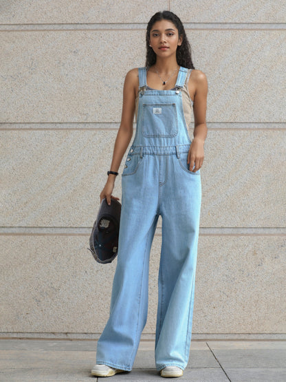 Fashion Multi-pocket Leopard Print Loose Denim Jumpsuit, Retro Old Trend Straight Wide-leg Pants Suitable for All Seasons.