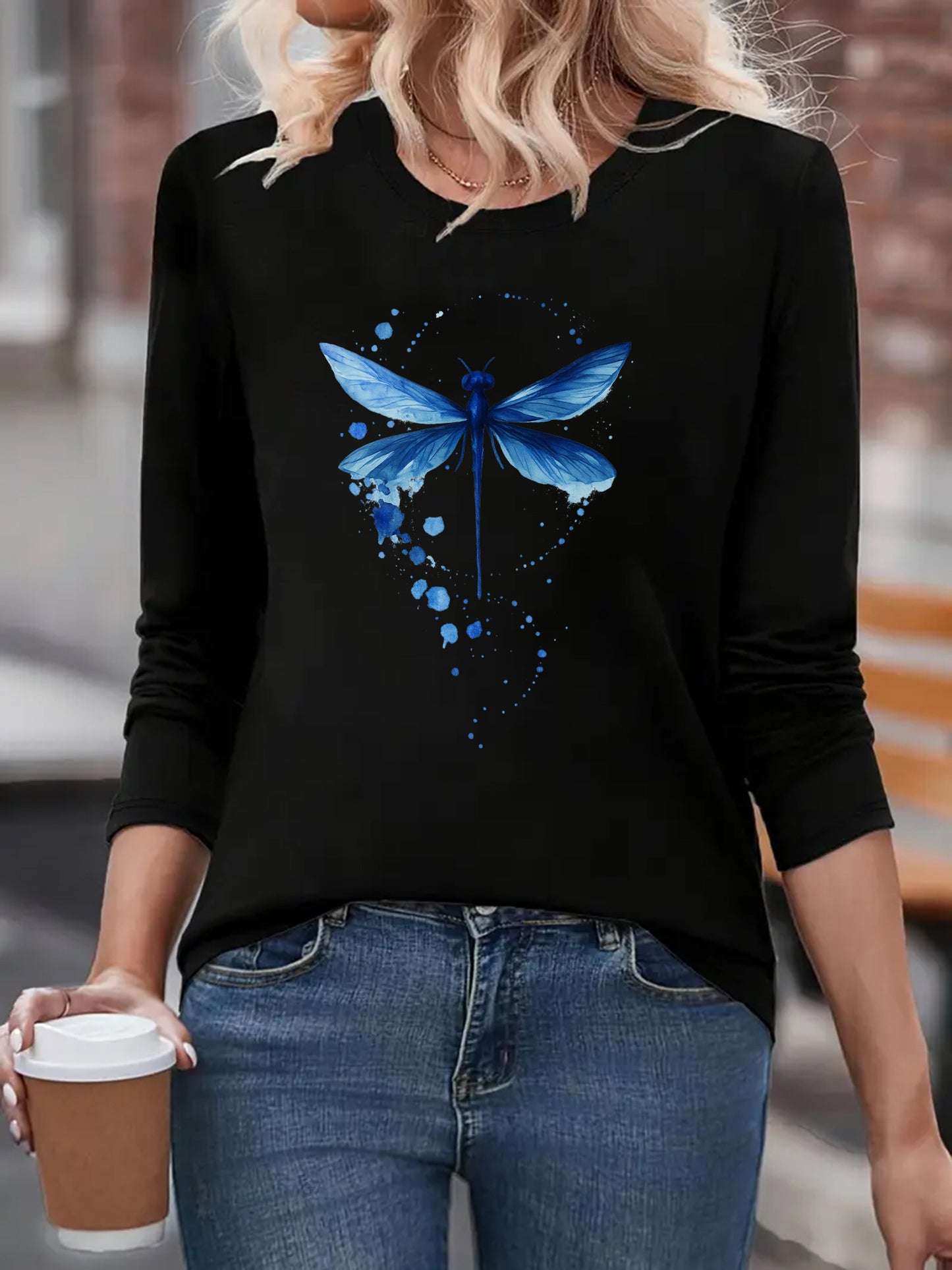 Vibrant Dragonfly Print Crew Neck Top, Soft, Breathable, Long Sleeve Top for Spring & Summer - Ladies' Casual Attire, Perfect for Outdoor