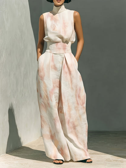 Blue & Brown Tie-Dye Print High Neck Sleeveless Top + Matching Wide-Leg Pants Women's Set | Artistic Edgy Charm, Perfect for Daily Street Style & Casual Gatherings