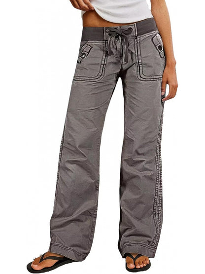 European And American Style, Individualistic Street Style, Slim Fit, Flattering, Cargo Pants, Women's Straight Leg Wide-Leg Pants with Lace-Up, Low-Rise Casual Jeans