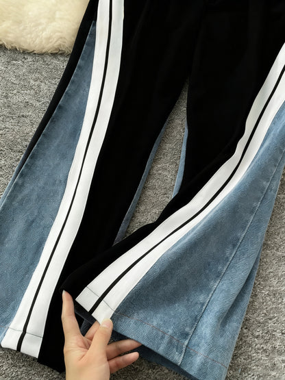 GlOURI Women's 2pcs Tracksuit - Color Block Design & Contrast Side Stripe & Wide-Leg Pants Detail | Casual Trendy Fit for Urban Daily Wear (Slim-Cropped Silhouette & Bold Contrast Stripe Design) for Effortlessly Stylish Looks