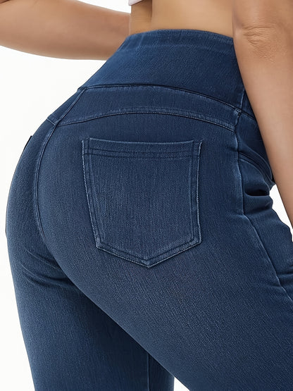 Women's Slim-fit Jeans with Four Pockets, High-waisted Stretchy Leggings, Fashionable Tummy- Denim Style