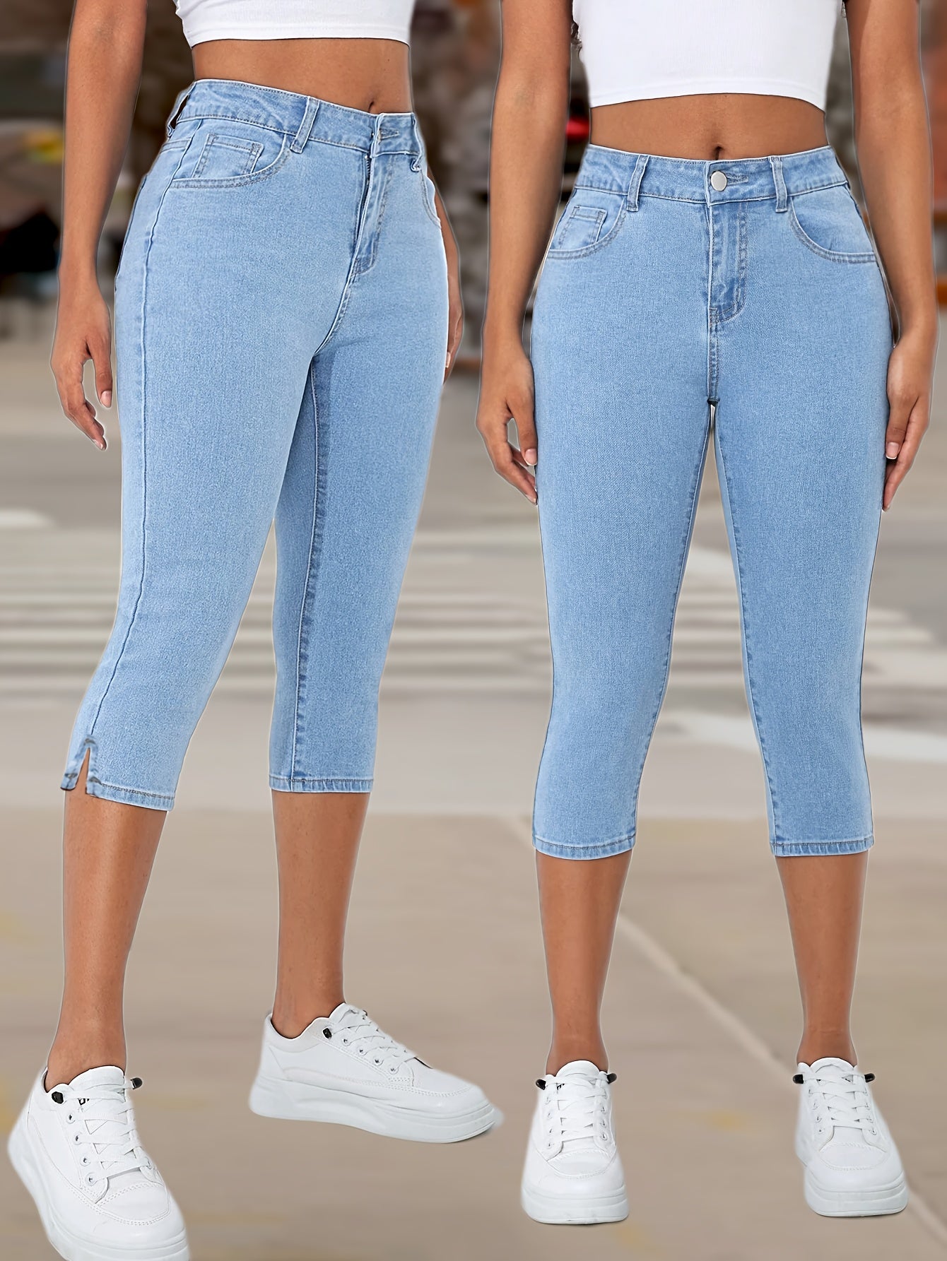 Womens Light Blue High Waisted Stretch Denim Capri Pants Ankle Length Split Hem Design Slim Fit Tummy Control Bootcut Flare Leg Casual Chic Style Comfortable Elastic Waistband Versatile Daily Wear Machine Washable Plus Size XS to XL All Season
