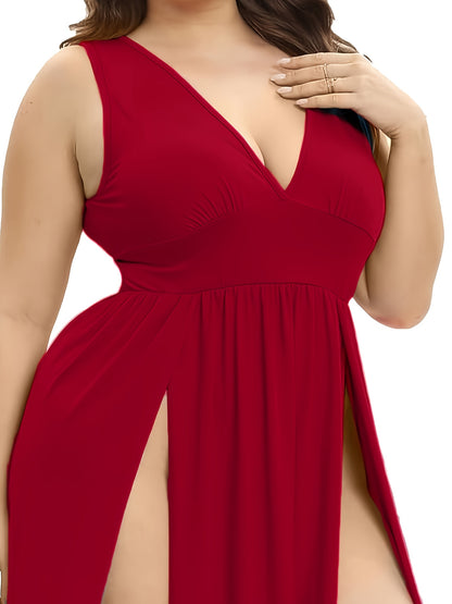 Plus Size, Plus Size Solid Color V-Neck Sleeveless High Split Swing Maxi Party Dress