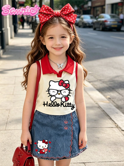 Sanrio Girls' Summer Two-Piece Set Featuring Hello Kitty Kuromi Cinnamoroll Printed, Collared Tank Top And Denim Short Pants, Cute Casual Style for Spring And Summer, Great for Daily Streetwear, Back to School Party Daily Outfit, for Outdoor