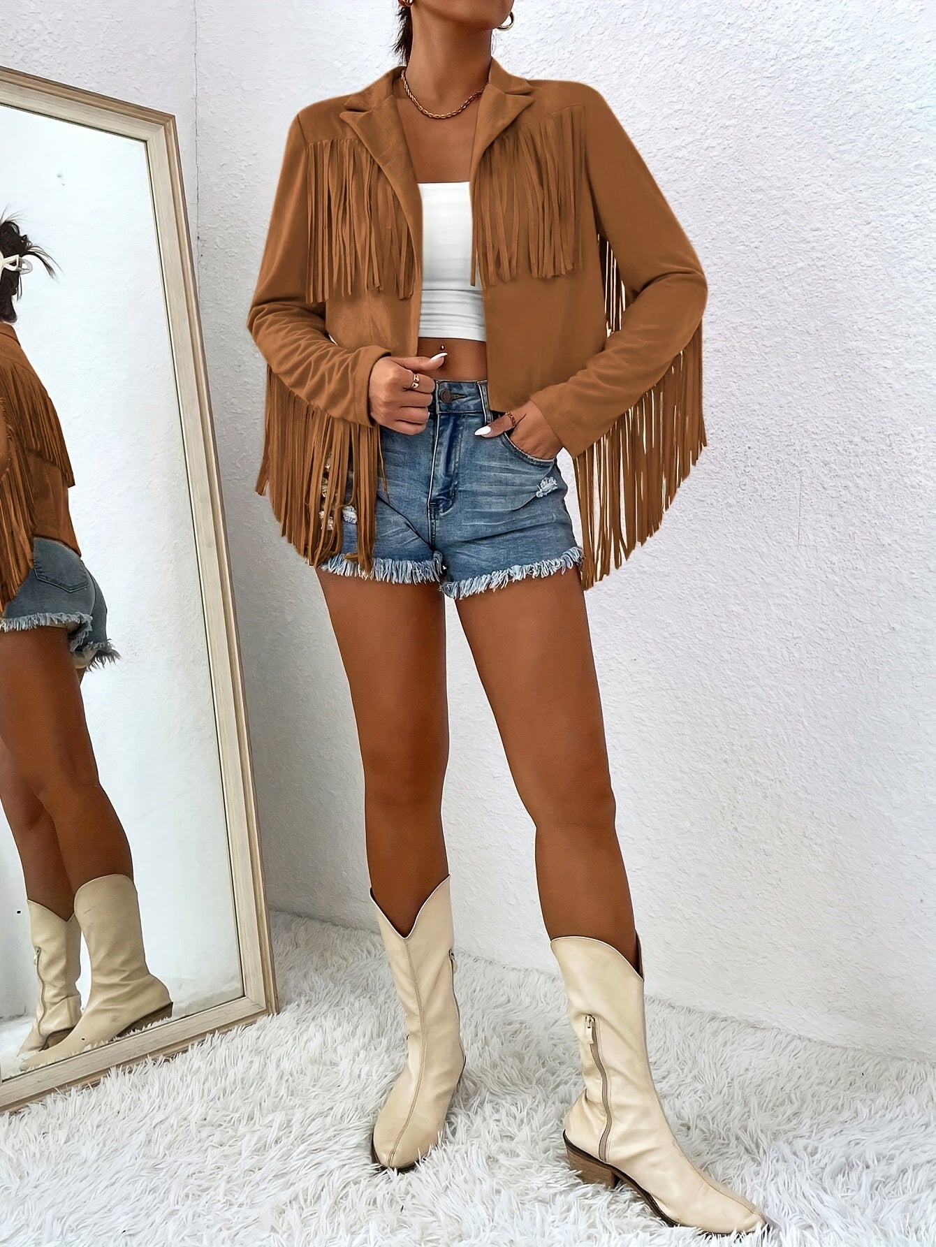 Elegant Women'S Tassel Jacket - Solid Color, V-Neck, Loose Fit for Spring/Fall, Machine Washable