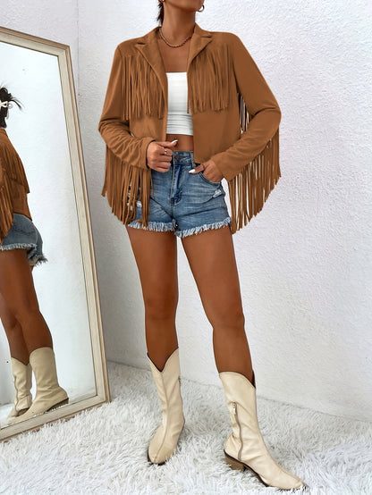 Elegant Women'S Tassel Jacket - Solid Color, V-Neck, Loose Fit for Spring/Fall, Machine Washable