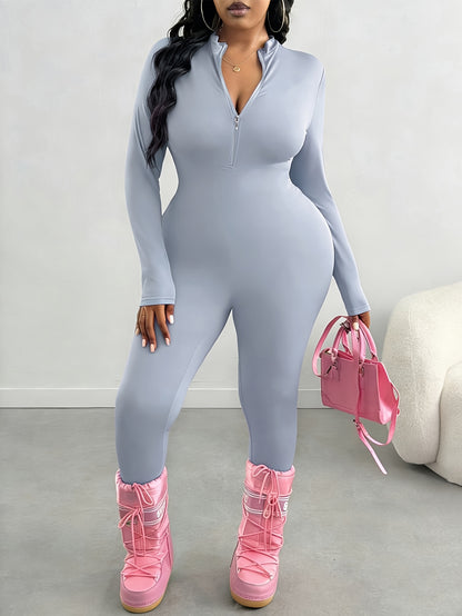 Plus Size, Plus Size Spring/Summer Women's Solid Color Jumpsuit, Front Half Zipper Design, Waist Cinched, Slim Fit, Flatter The Figure Fall, S & Simple Casual, Suitable for Cycling,, And Other.