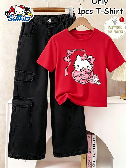 Girls' Fashion Short Sleeve Top, Spring Summer Casual, Printed White T-Shirt with Pink Bow Heart Pattern, Comfortable And Breathable, 1pc, Suitable for Girls 12 And Under, Casual Versatile