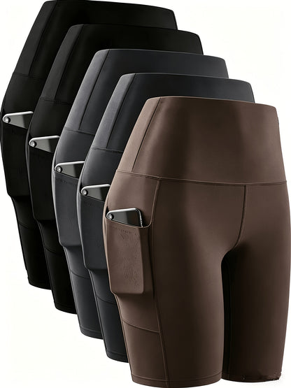 5pcs 5-Inch High-Waisted Rider Shorts, Women's Summer Shorts with Pockets, Ultra-Soft Belly Control No-See-Through Workout Running Yoga Shorts, 6-Inch Pant Length Shorts Mother's Day Gift