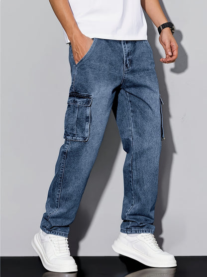 [HME] Men's Simple And Casual Denim Trousers, Retro Snowflake Washed Classic Blue, Three-dimensional Cut Functional Multi-pocket Work Pants, Mid-waist Elastic Straight-leg Pants, Essential for Daily Casual Wear, Classic Men's Plus-size Jeans