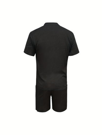 Summer Casual Fabric Men's Solid Color Short Sleeve Single-Breasted Shirt and Shorts Set
