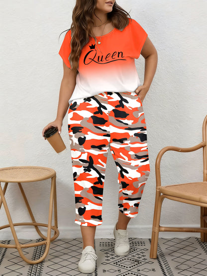 Plus Size, Spring/Summer Plus Size Women's 2pcs Set, Gradient Print And Queen Print, Round Neck Top with Capri Pants, Suitable for Home, Leis And Outings