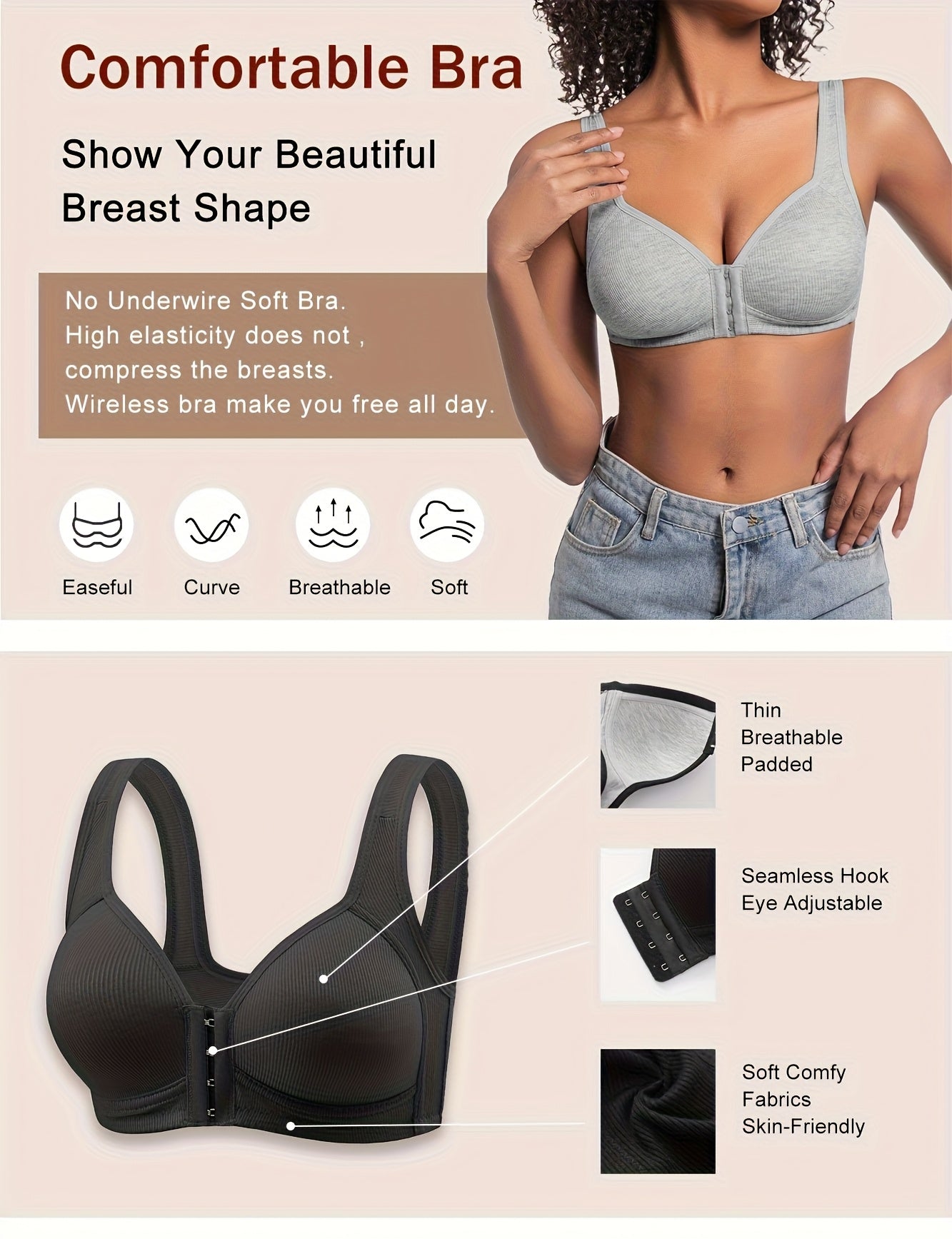Women'S Front-Closure Vertical Stripe Wireless Push-Up Bra 5pcs Set Seamless Underwear, Adjustable Straps, Full Support Sports Bra White Fitness Apparel, Front-Closure Style Quick-Dry High-Stretch Breathable Fabric High-Support Women'S Bra Bundle