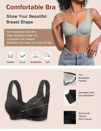 Women'S Front-Closure Vertical Stripe Wireless Push-Up Bra 5pcs Set Seamless Underwear, Adjustable Straps, Full Support Sports Bra White Fitness Apparel, Front-Closure Style Quick-Dry High-Stretch Breathable Fabric High-Support Women'S Bra Bundle