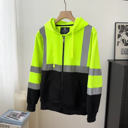 Hi Vis Heavyweight Hoodie ANSI Class 3 Type R Reflective Zip-Up Safety Sweatshirt for Construction with FREE Neck Gaiter