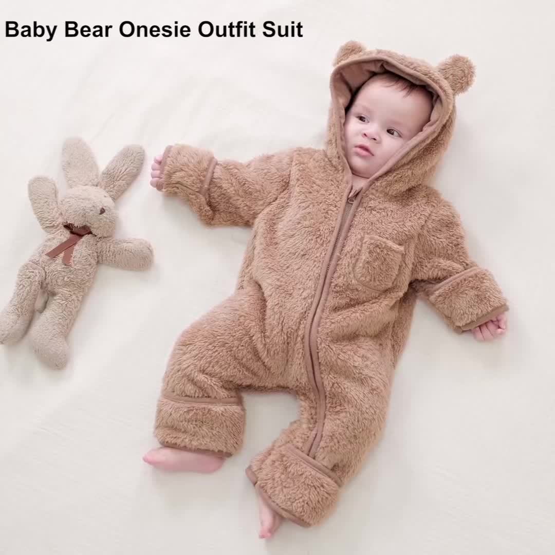 Newborn Baby Outfit Suit Bear Onesie Fold-Over Mittens Footies Girls Boys Winter Fleece Clothes Hooded Jumpsuit Romper