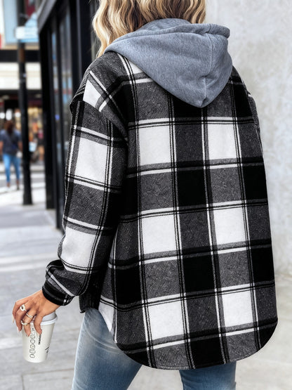 Women's Black and White Checkered Hooded Shirt Jacket, a Popular Warm Outfit for Autumn and Winter. Perfect for Casual and Layered Looks, Autumn/winter Women's Clothing | Women's Apparel, Local Warehouse Discount