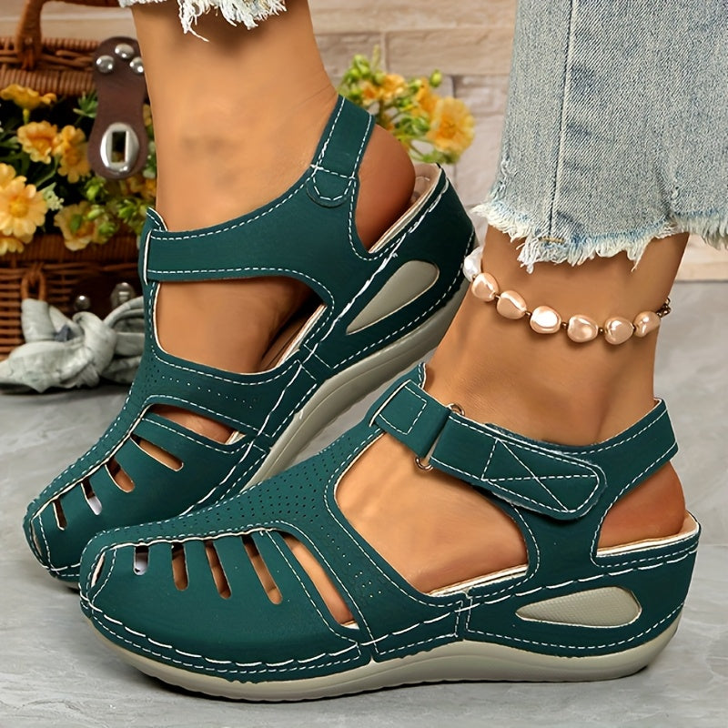 Ladies Leisure Wedge Sandals | White Synthetic Cover | Middle Heel With Round Head Hollowed Out Design | Breathable And Comfortable | Wear All Season | Easy To Buckle And Close | Durable PU Sole | Fashion Versatile Shoes And Lace-up Sandals.