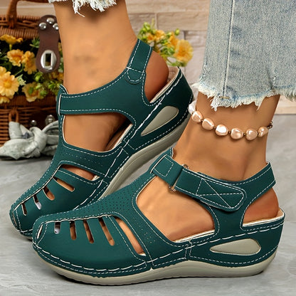 Ladies Leisure Wedge Sandals | White Synthetic Cover | Middle Heel With Round Head Hollowed Out Design | Breathable And Comfortable | Wear All Season | Easy To Buckle And Close | Durable PU Sole | Fashion Versatile Shoes And Lace-up Sandals.