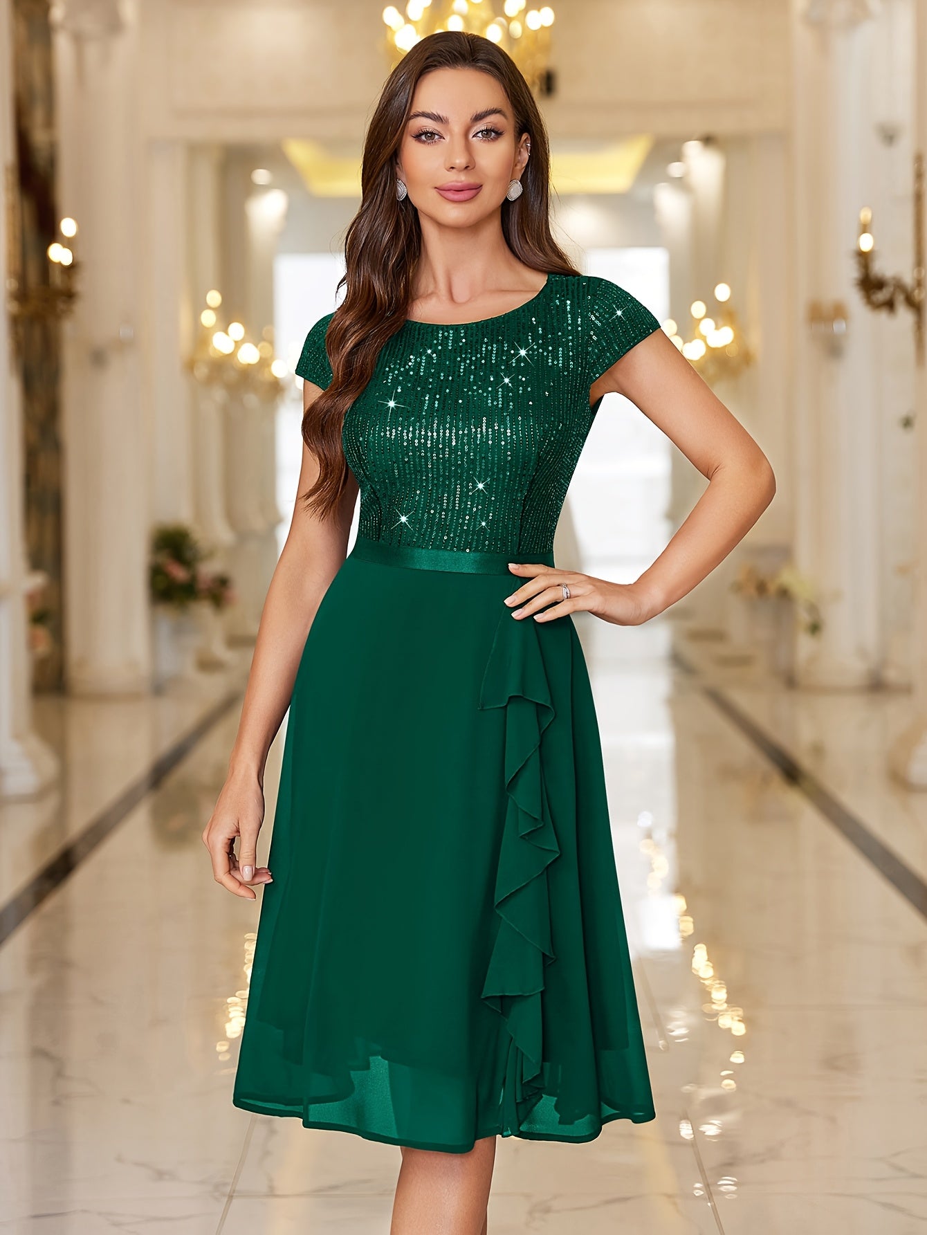 Y82016 Elegant Women's Glitter Sequin Chiffon A-Line Bridesmaid Dress with Cap Sleeves & Ruffled Hem - Sparkling Wedding Party Dress for Bridesmaids, Prom, Birthday, Formal Evening Gown - Machine Washable Chiffon