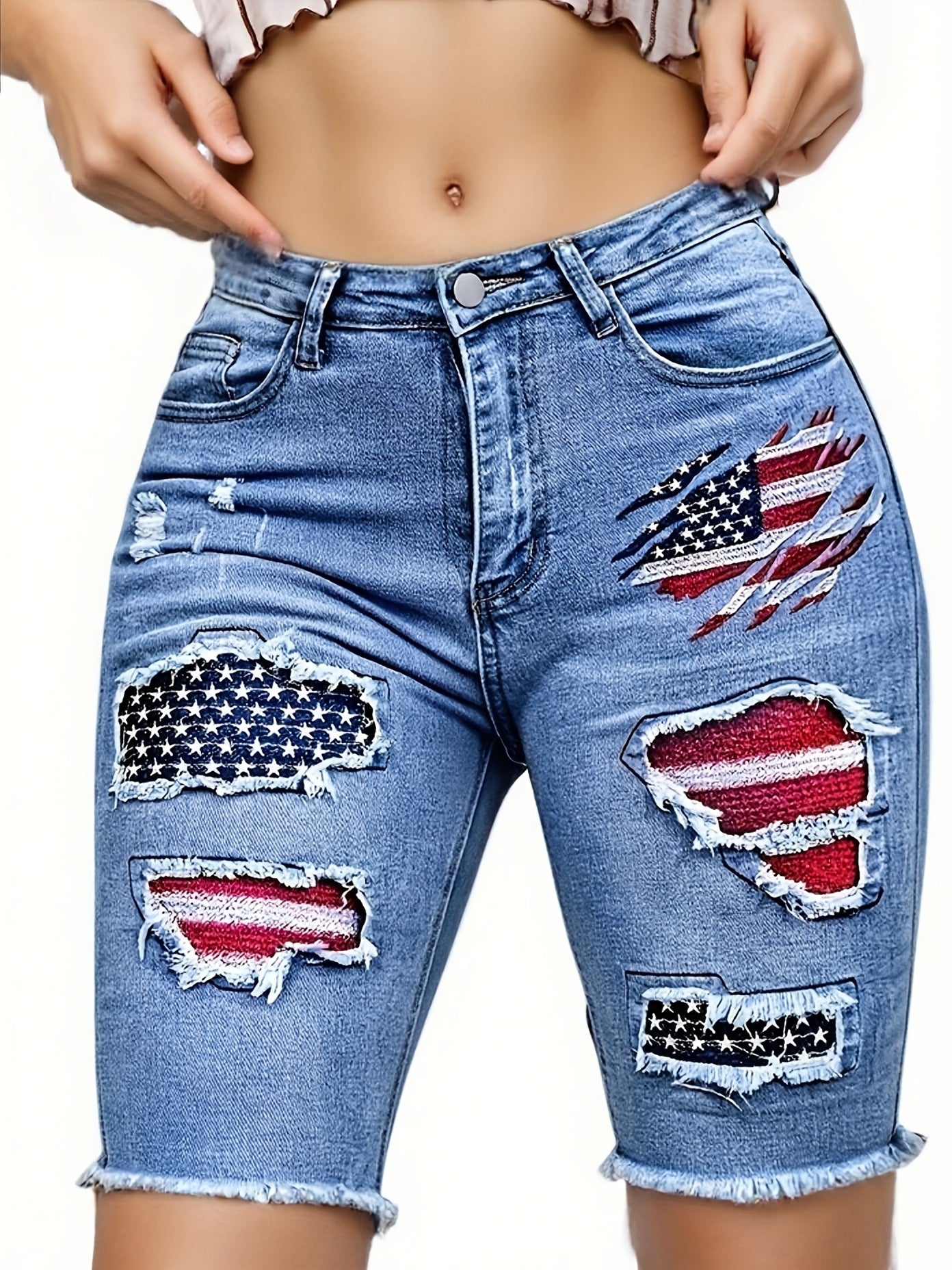 Women'S Jeans Embroidered With The American Flag, Tight Fitting Ripped Elastic Bermuda Summer Shorts, Essential Clothing For Comfortable Spring And Summer Outfits