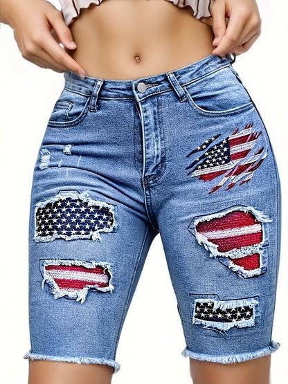 Women'S Jeans Embroidered With The American Flag, Tight Fitting Ripped Elastic Bermuda Summer Shorts, Essential Clothing For Comfortable Spring And Summer Outfits