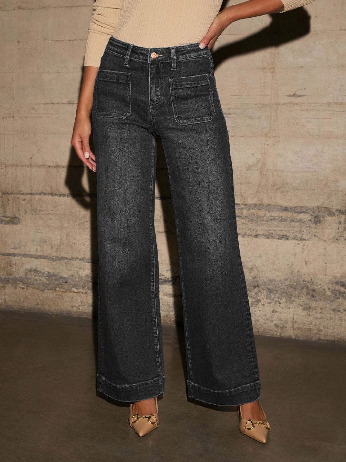 1pc Women'S High-Waist Wide Leg Jeans - Stretch Baggy Loose Denim Trousers for Casual Daily Wear - Sizes S-XXL