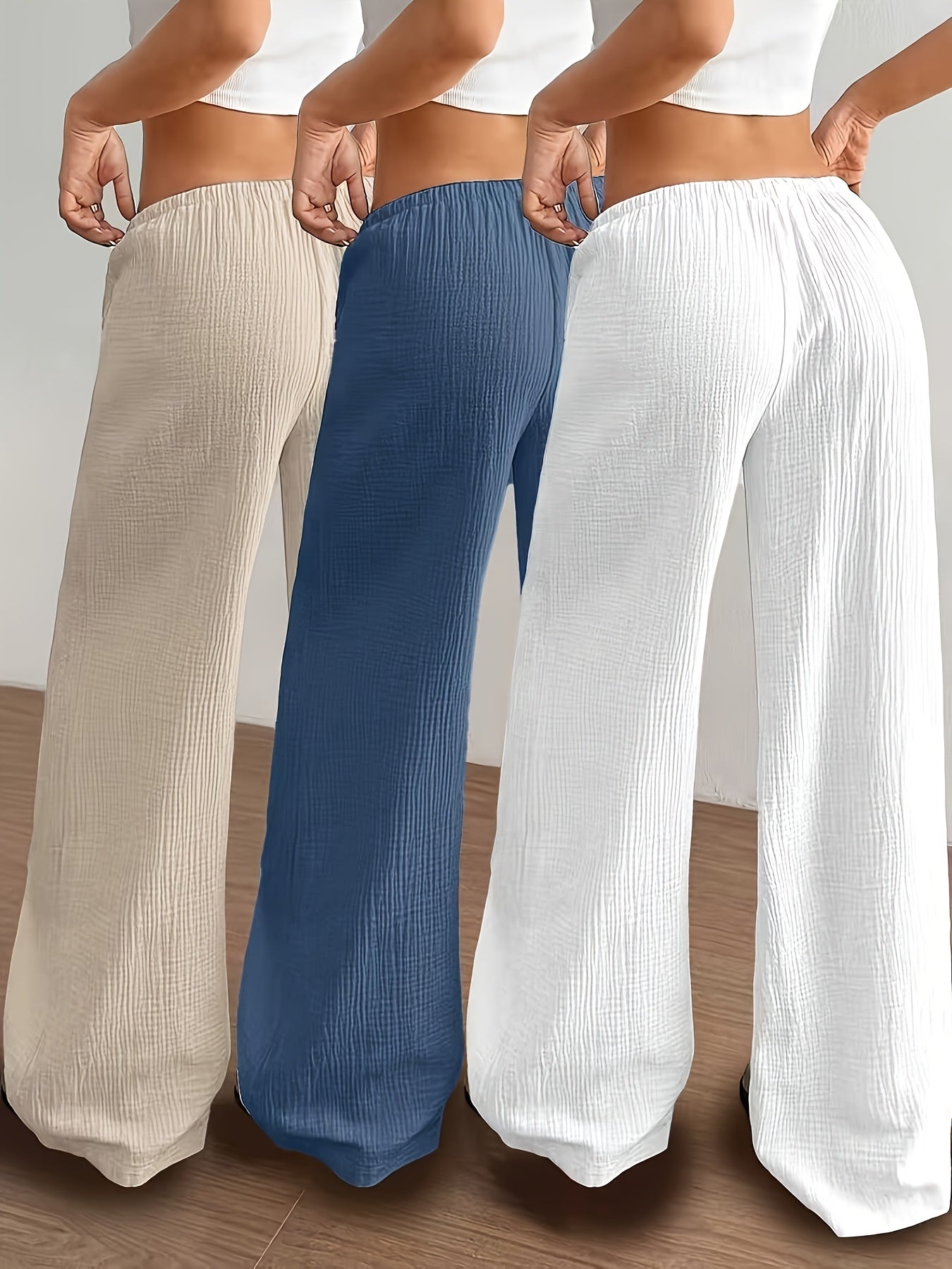 3pcs Elegant Ladies' Pants Set - Elegant Casual Solid Color Wide Leg Trousers, Versatile High-Waisted Pants for Spring & Summer, Perfect for Daily Wear And Vacation, Summer Vacation Beach Flowy Trousers with Pockets