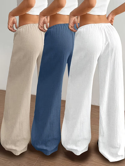 3pcs Elegant Ladies' Pants Set - Elegant Casual Solid Color Wide Leg Trousers, Versatile High-Waisted Pants for Spring & Summer, Perfect for Daily Wear And Vacation, Summer Vacation Beach Flowy Trousers with Pockets