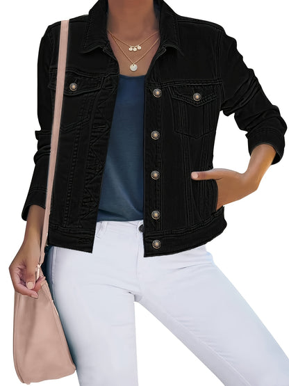 Women'S Retro-Wash Cropped Denim Jacket: Slim-Fit Button-Front Coat - Casual Everyday Denim Jacket, Perfect For Spring & Autumn Layering - Pairs Beautifully With Jeans, Dresses, And Skirts