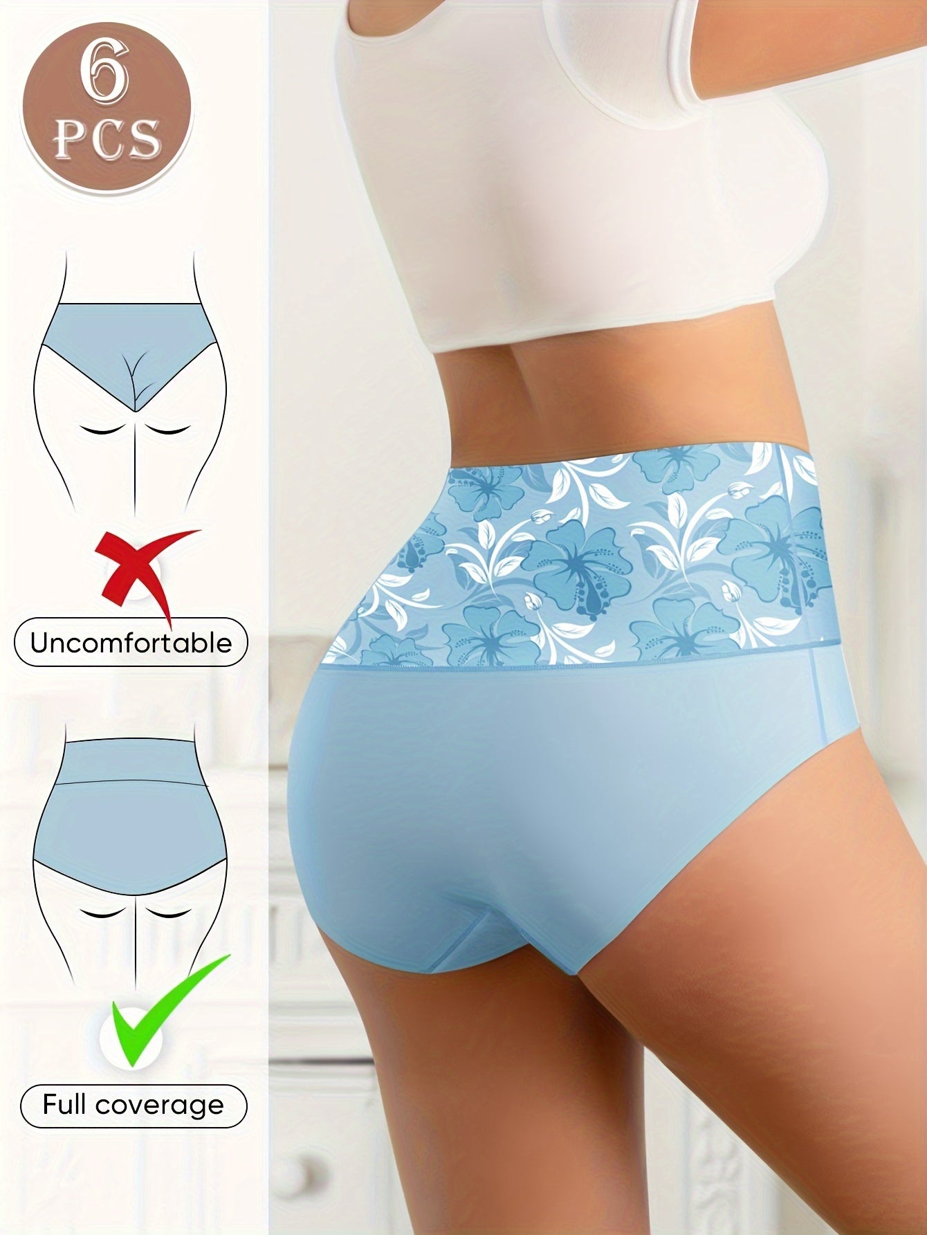 6pcs Seamless Floral Print High Waist Briefs, Sexy Comfy Breathable Stretchy Intimates Panties, Women'S Lingerie & Underwear