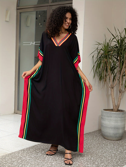 Women'S Casual Kaftan Dress, Plus Size Batwing Sleeve V Neck Maxi Dress