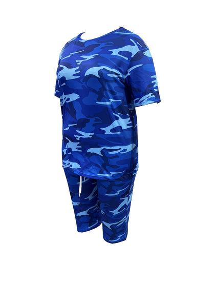 Plus Size - Plus Size - Women'S Plus Size Fashion: Camouflage Print T-Shirt with Round Neck And Cropped Pants Set, Casual Two-Piece Outfit