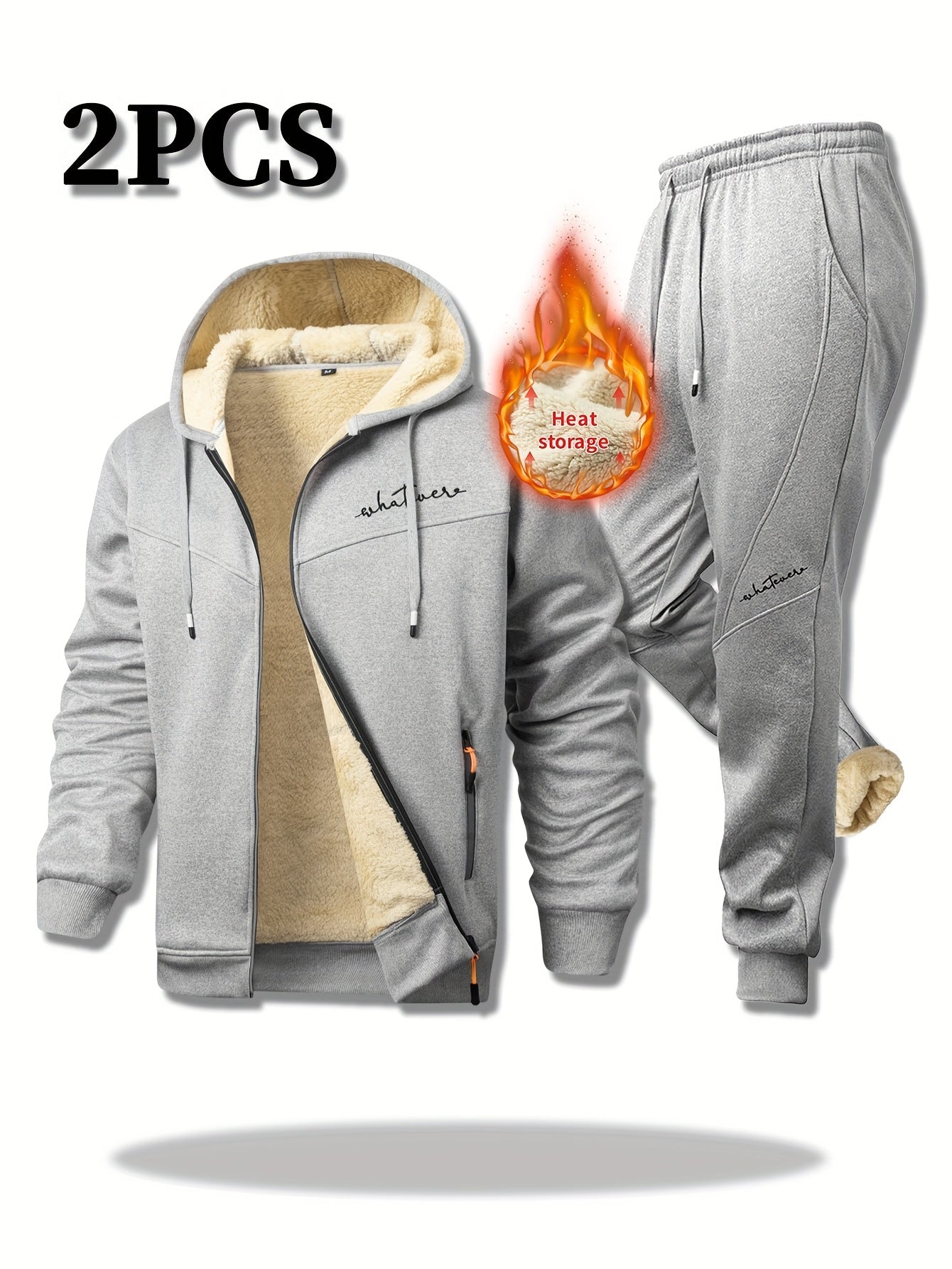Men'S Winter Fleece Set: Zip-Up Hooded Thick Jacket with Sherpa-Lined Pants, Thermal Comfort, Zippered Pockets for Convenient Daily Wear, Embellished with Exquisite Embroidery