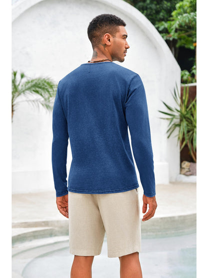 Men'S Distressed Henley Shirts with Front Placket, Retro Long Sleeve T-Shirts, Casual Button- Washed T-Shirts for Men